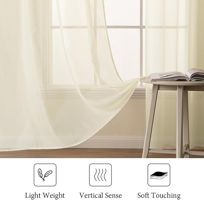 MIULEE 2 Panels Solid Color Light Cream Sheer Window Curtains Elegant Window - Image 4