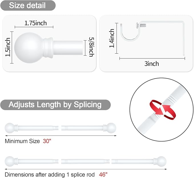 Thestoa Curtain Rods for Windows 30-46 Inch, 5/8" White Curtain Rods, Stainless - Image 3