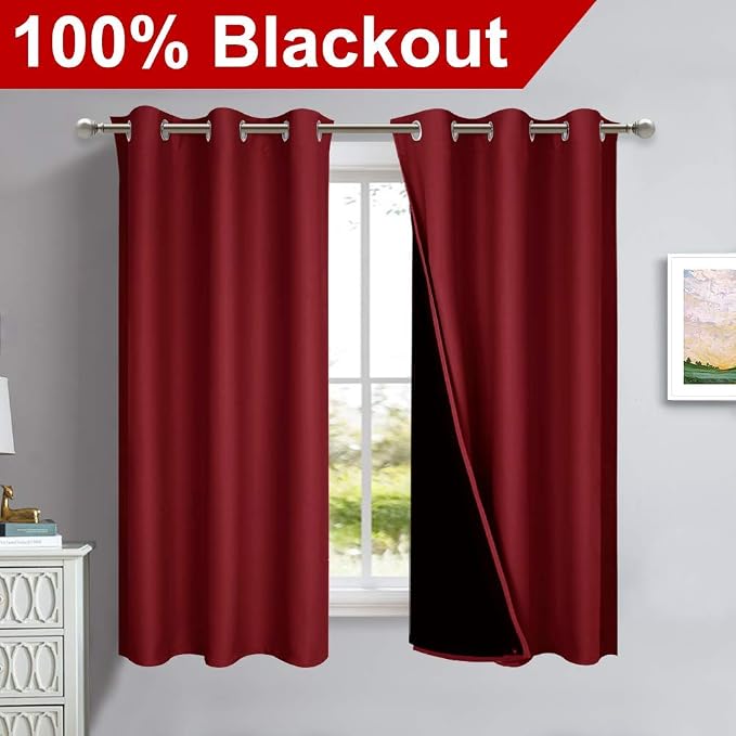 NICETOWN 100% Blackout Curtains 54 inches Long, Burgundy Red, 1 Pair, 42 inches - Image 2