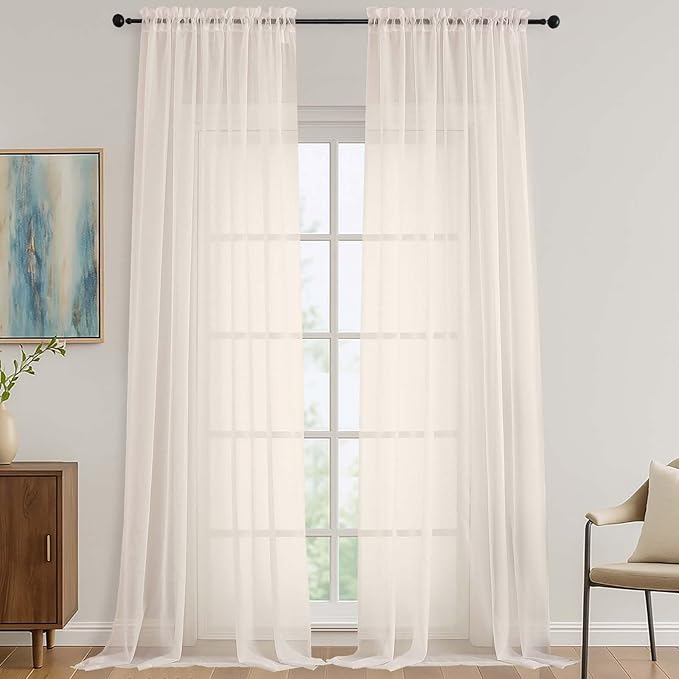 OVZME Sheer Cream Curtains 108 Inches Long 2 Panels Set, 59 Inch Extra Wide by OVZME