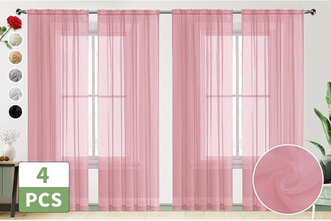 SpaceDresser Sheer Blush Curtains 4 Panels Rod Pocket Semi-Sheer Curtain 90 - Image 2
