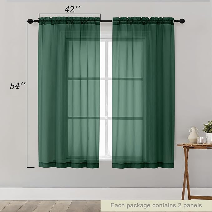 Sheer Hunter Green Curtains for Bedroom Living Room 54 Inch Length 2 Panels Set - Image 2
