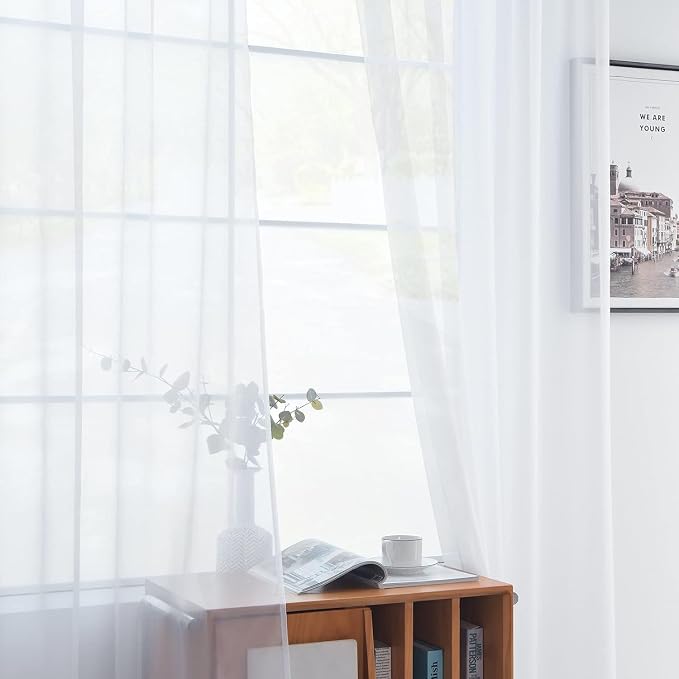 youleyar Solid Sheer Rod Pocket Curtain Voile Draperies 2 Panels White Beige - Image 4