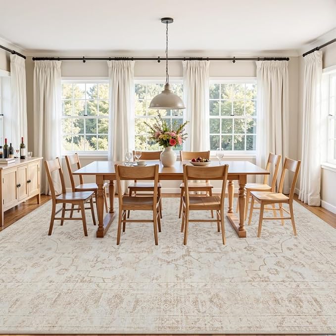 10x12 Area Rugs Living Room: Bedroom Washable Carpet Warm Beige | Vintage Boho - Image 3