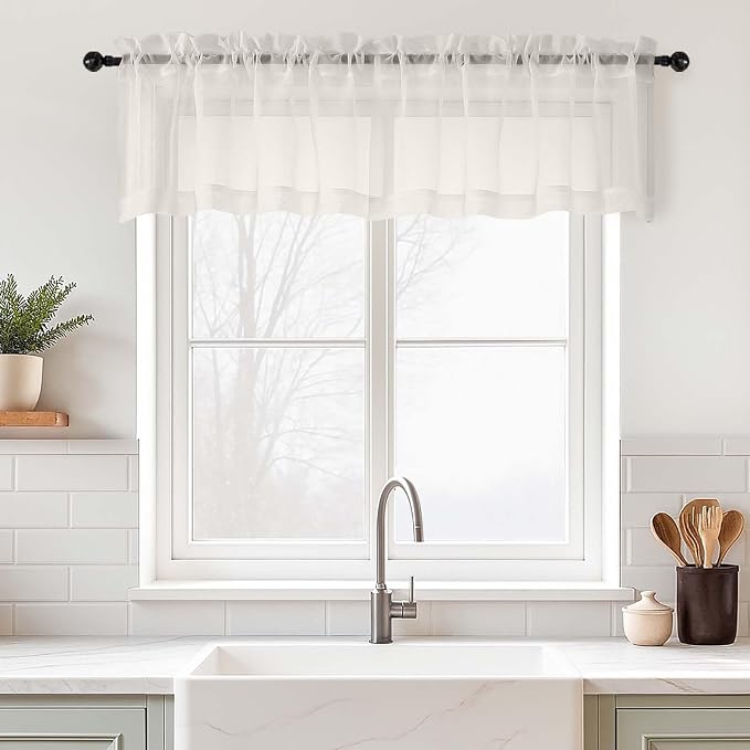 Ivory Valances for Windows 14 inch Length 2 Panels Set, Small Voile Sheer by Home