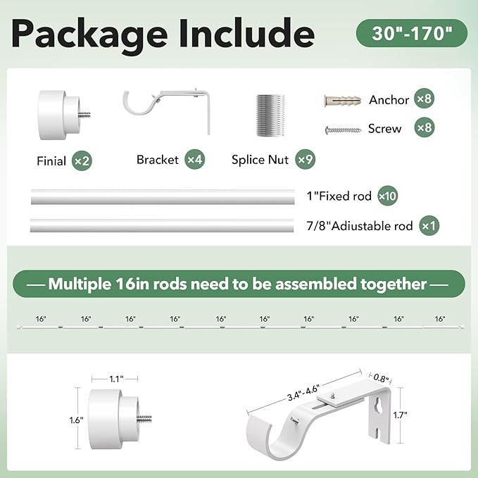 Extra Long Curtain Rods for Windows 32 to 170 Inch, 1 Inch White Heavy Duty - Image 3