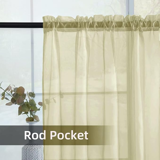 youleyar Solid Sheer Rod Pocket Curtain Voile Draperies 2 Panels White Beige - Image 3