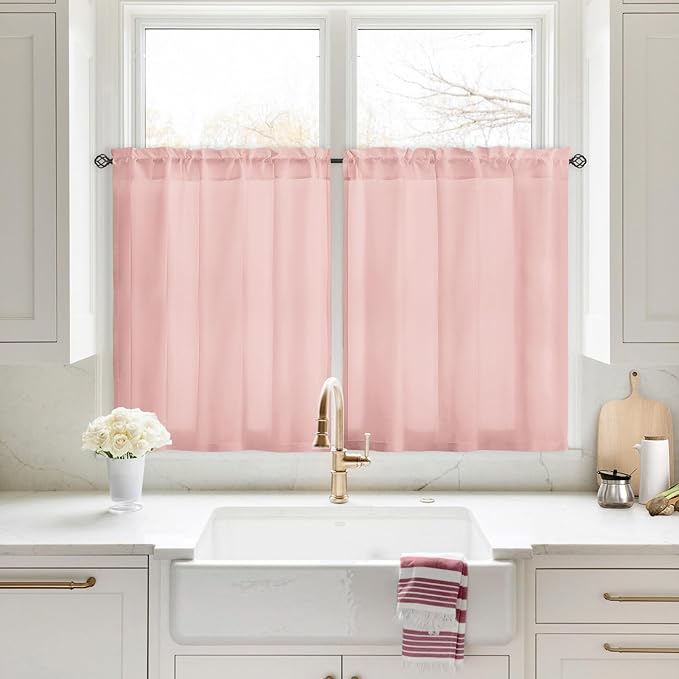 HOMEIDEAS Non-See-Through Blush Pink Privacy Sheer Kitchen Curtains, 30 X 36 by HOMEIDEAS