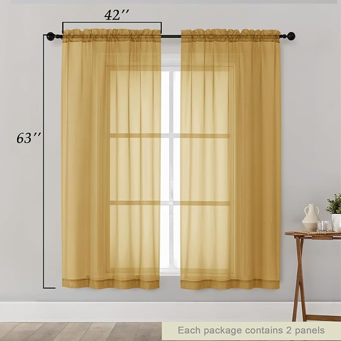 Sheer Gold Curtains for Bedroom Living Room 63 Inch Length 2 Panels, Airy Soft - Image 2