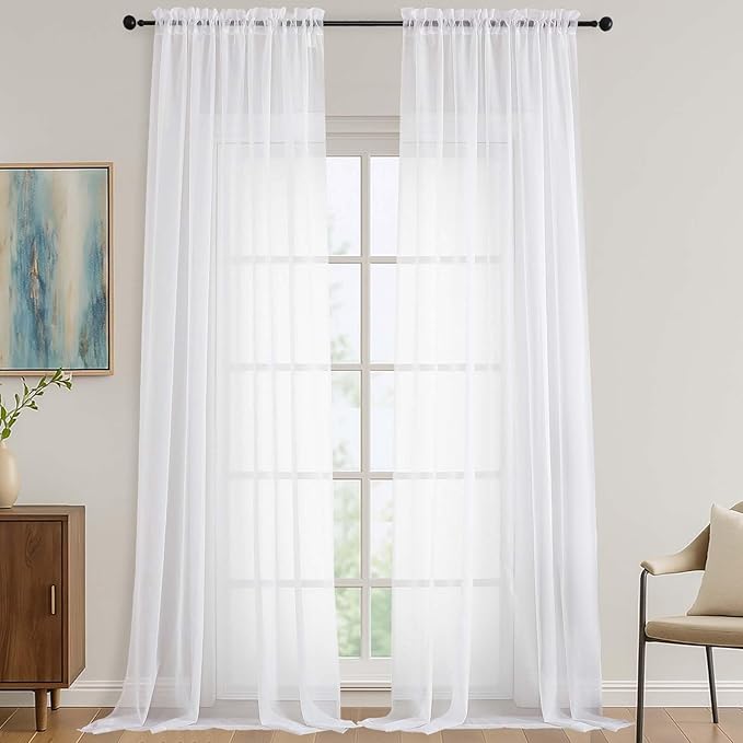 OVZME White Sheer Curtains 108 Inches Long 2 Panels Set, Extra Wide Solid by OVZME