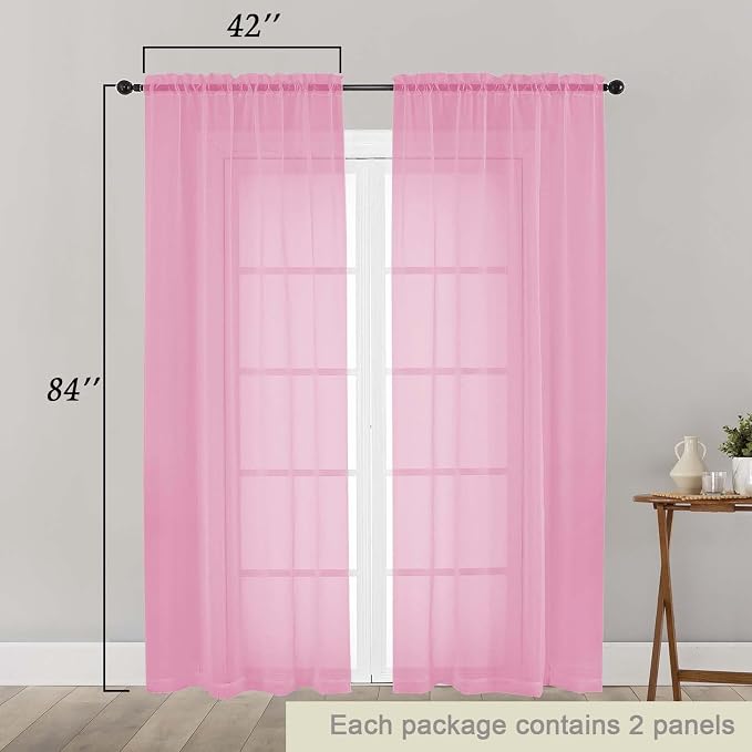 Pink Sheer Curtains 84 Inches Long 2 Panels, Soft Airy Light Filtering Curtains - Image 2