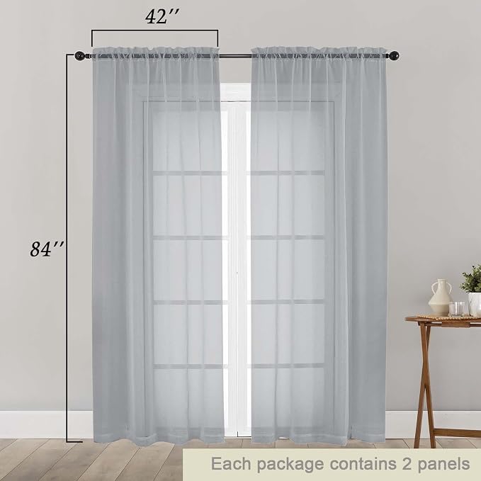 Light Grey Sheer Curtains 84 Inches Long 2 Panels, Soft Light Filtering Curtains - Image 2