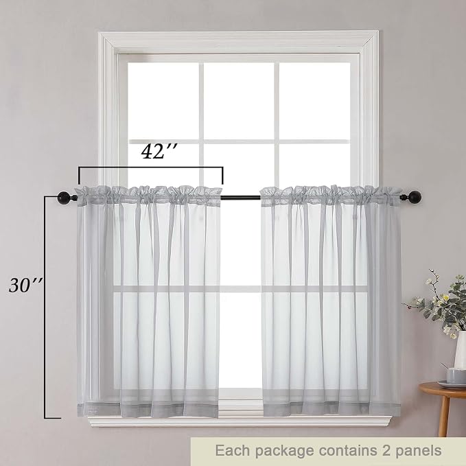 Light Grey Kitchen Curtains 30 Inch Length Tier 2 PCS, Solid Soft Half Curtains - Image 2