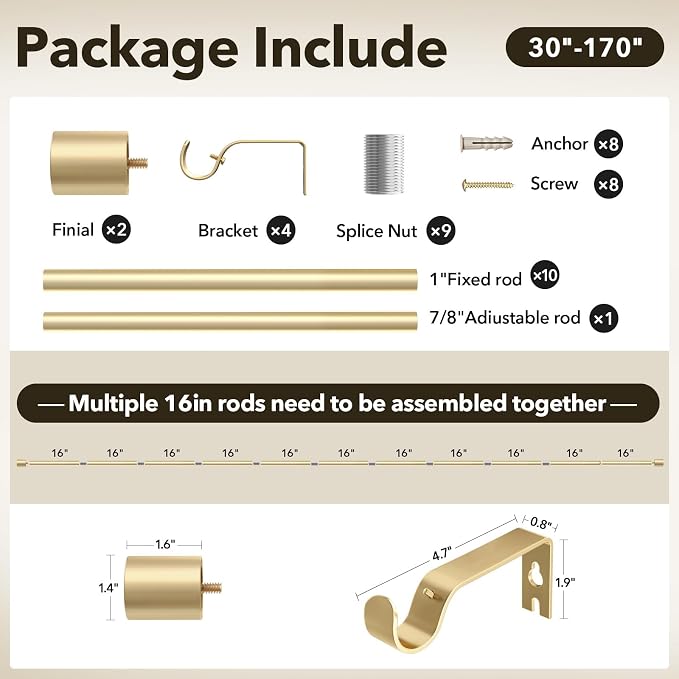 Extra Long Curtain Rods for Windows 32 to 170 Inch, 1 Inch Gold Curtain Rods - Image 7