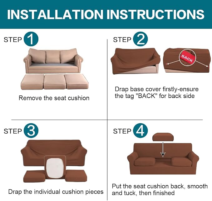 Turquoize 4 Piece Sofa Covers for 3 Cushion Couch Sofa Slipcover Soft Couch - Image 6