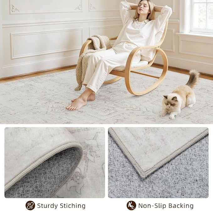 5x7 Area Rugs Living Room: Bedroom Washable Carpet Neutral Cream | Large - Image 4