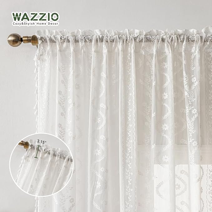WAZZIO White Boho Lace Curtains 84 Inch -Cute Vintage Victorian Sheer Panel - Image 7
