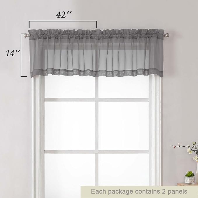 Grey Valances for Windows, Sheer Curtains 14 Inch Length 2 Pack Kitchen Curtain - Image 2