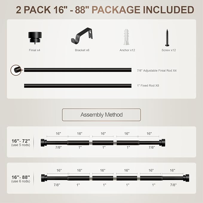 Lootkell Modern Black Curtain Rods Set, 48-84 Inches Adjustable, Heavy Duty 1 - Image 9