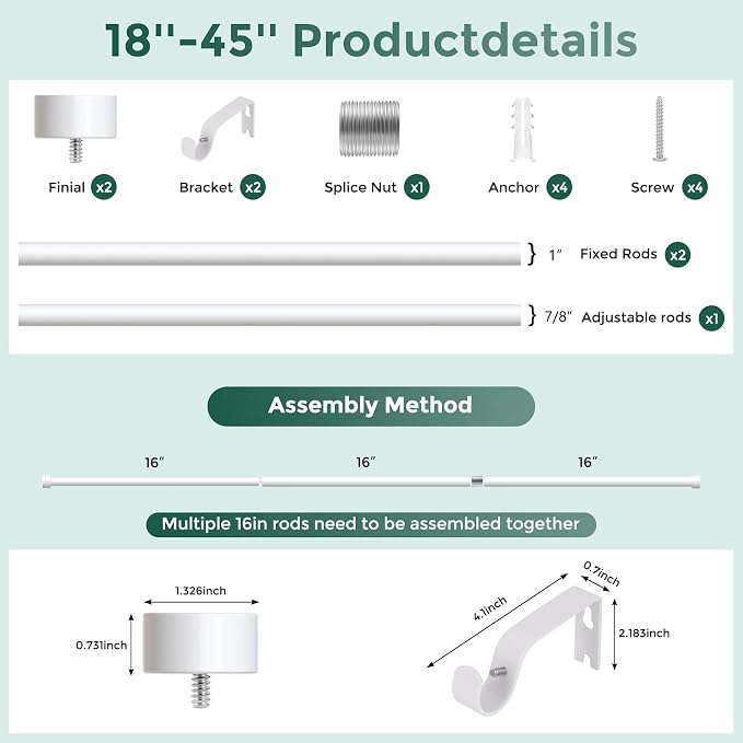 VOIIY White Curtain Rods for Windows 18 to 42 Inch, Size:18''-42'' - Image 8