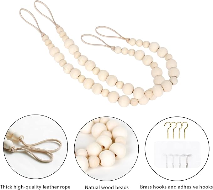 OCIOLI 2 Pieces of Wood Bead Curtain Tieback Boho Curtain Tiebacks Curtain - Image 5