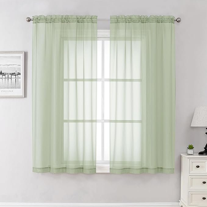 Lecloud Light Green Sheer Curtains 63 Inch Length 2 Panels Set, Elegant Voile by Lecloud