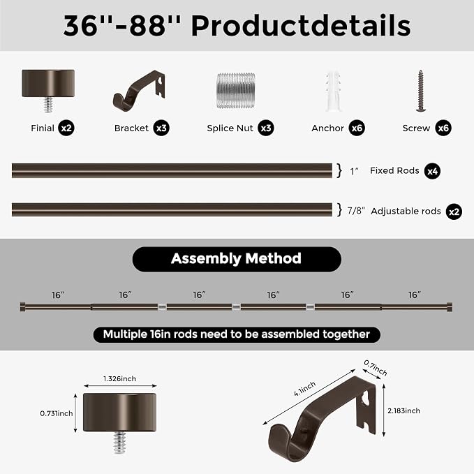 VOIIY Bronze Curtain Rods for Windows 48 to 84 Inch, Size:36-88 Inch, Antique - Image 8