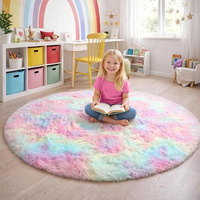 Amdrebio Rainbow Fluffy Round Rug 7Ft Kids Rugs - Image 5