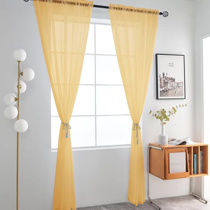 SpaceDresser Basic Rod Pocket Sheer Voile Window Curtain Panels Gold 1 Pair 2 - Image 2