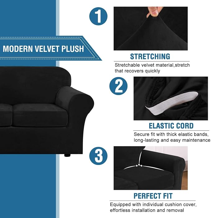 H.VERSAILTEX Velvet 4 Piece High Stretch Sofa Slipcover Cover Furniture - Image 3
