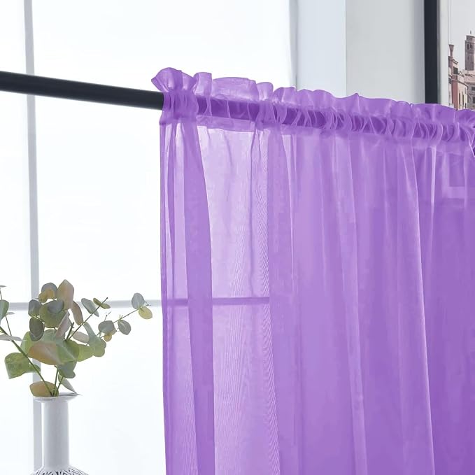 SpaceDresser Basic Rod Pocket Sheer Voile Window Curtain Panels Lavender 1 Pair - Image 4