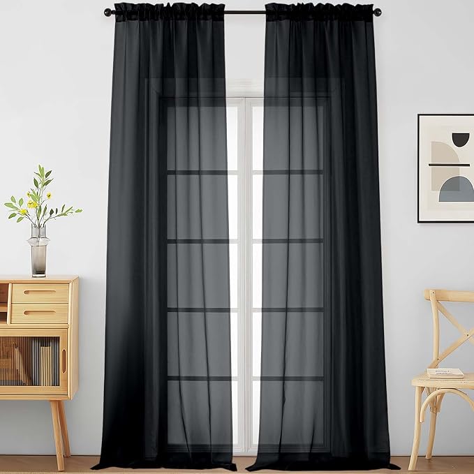 Black Sheer Curtains for Windows 108 inches Long 2 Panels Set, Soft Lightweight by Home