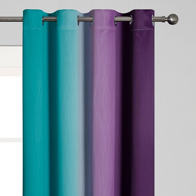 Teal and Purple Gradient Curtains 63 Inch Length 2 panels, Ombre and Wavy Line - Image 4