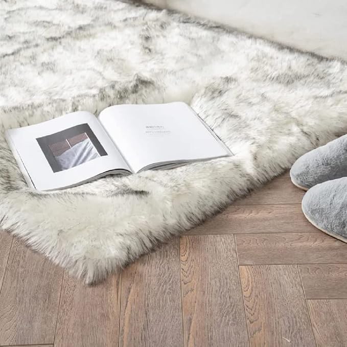 ORINOVA White and Grey Area Rugs 9x12 Living Room Large Washable Faux Fur Rugs - Image 3
