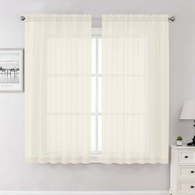 Lecloud Cream Sheer Curtains 63 Inch Length 2 Panels, Rod Pocket Light by Lecloud