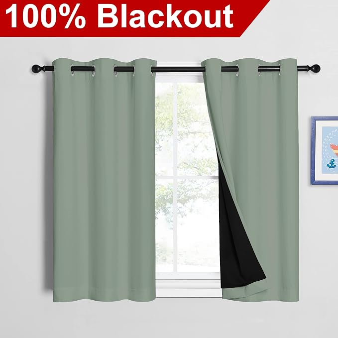 NICETOWN Greyish Green 100% Blackout Curtains 45 inches Long, 2 Thick Layers - Image 2