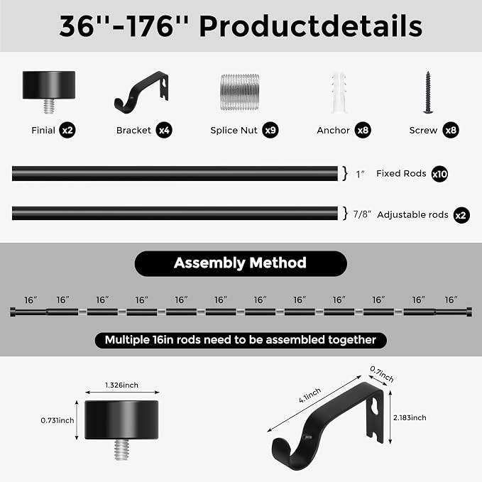 Black Curtain Rods for Windows 120 to 170 Inch, extra long drapery rod for - Image 8