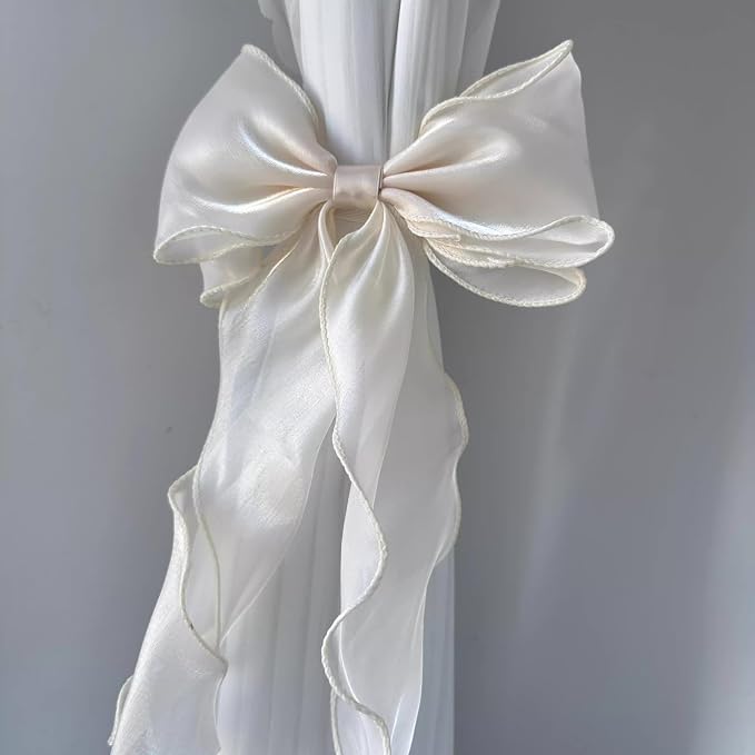 2 Pack French Silky Bow Curtain Tiebacks, Elegant Lace Ribbon - Image 2