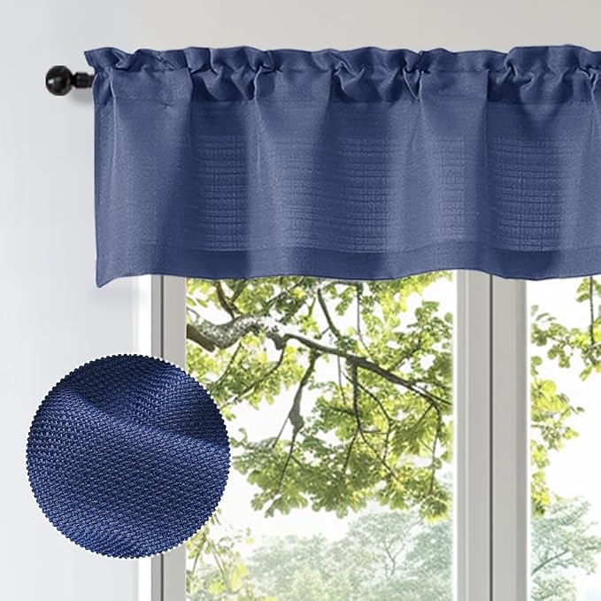 OWENIE Bob 1 PCS Blue Valances for Windows, Faux Linen Textured Kitchen Window - Image 3
