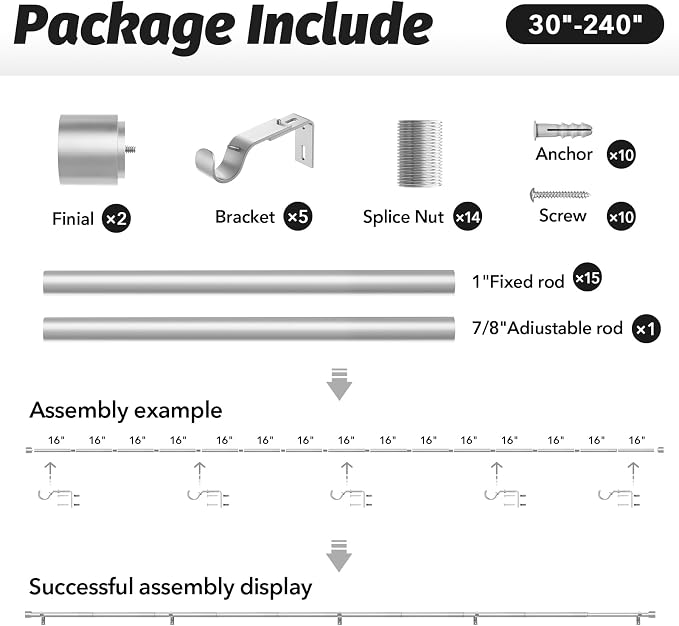 GEEBOBO Silver Curtain Rods for Windows 120 to 240 Inch, 1 Inch Extra Long - Image 6