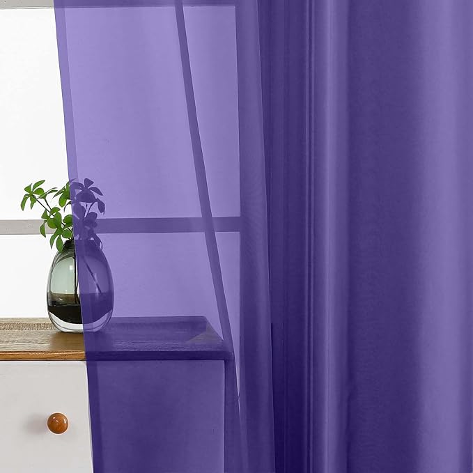Purple Valances for Windows 14 inch Length 2 Panels Set, Small Voile Sheer - Image 4