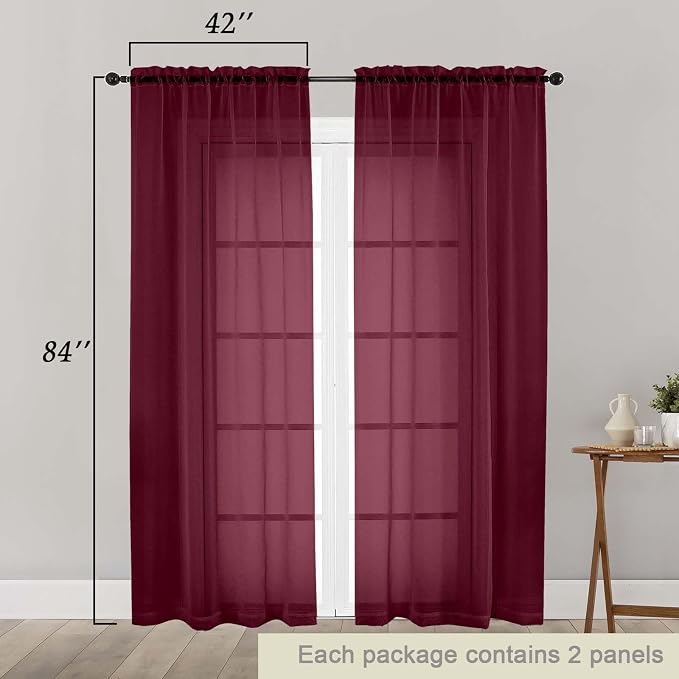 Burgundy Sheer Curtains 84 Inches Long 2 Panels Set - Image 2