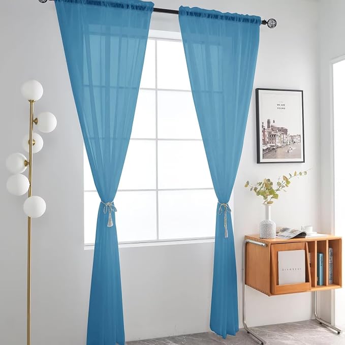 SpaceDresser Basic Rod Pocket Sheer Voile Window Curtain Panels Blue 1 Pair 2 - Image 2
