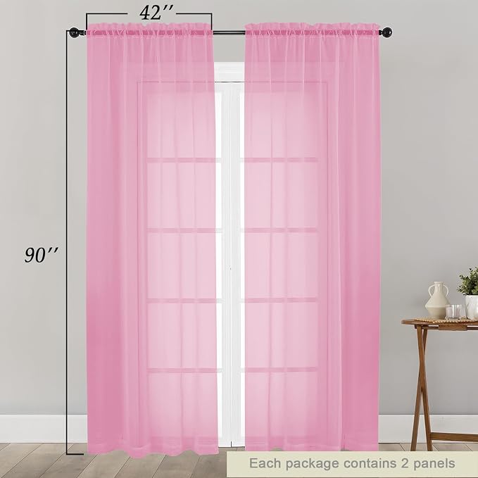 Sheer Pink Curtains for Bedroom Living Room 90 Inches Long 2 Panels Set - Image 2
