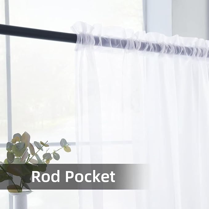 youleyar Solid Sheer Rod Pocket Curtain Voile Draperies 4 Panels White Beige - Image 3