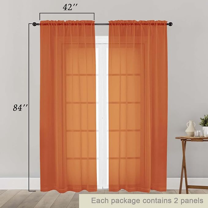 Orange Sheer Curtains 84 Inches Long 2 Panels, Soft Airy Light Filtering - Image 2