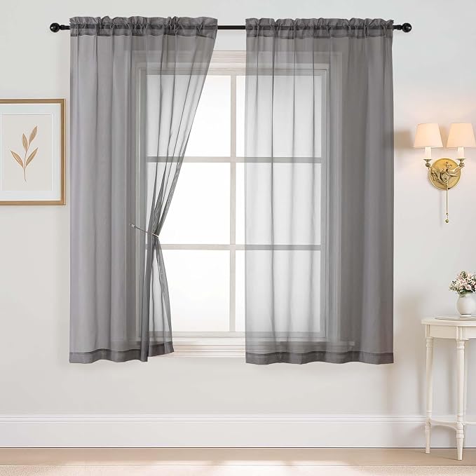 Grey Sheer Curtains 63 Inch Length 2 Panels, Voile Sheer Curtain by Home