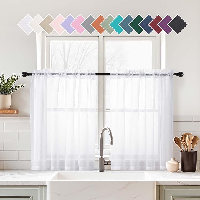 White Sheer Curtains Tier 36 Inches Length 2 Panels Set, Light Filtering by Home