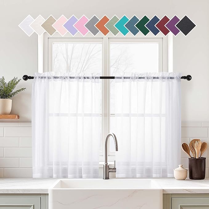 White Small Sheer Curtains 2 Panels Set, Kitchen Curtains 24 Inch Length by Home