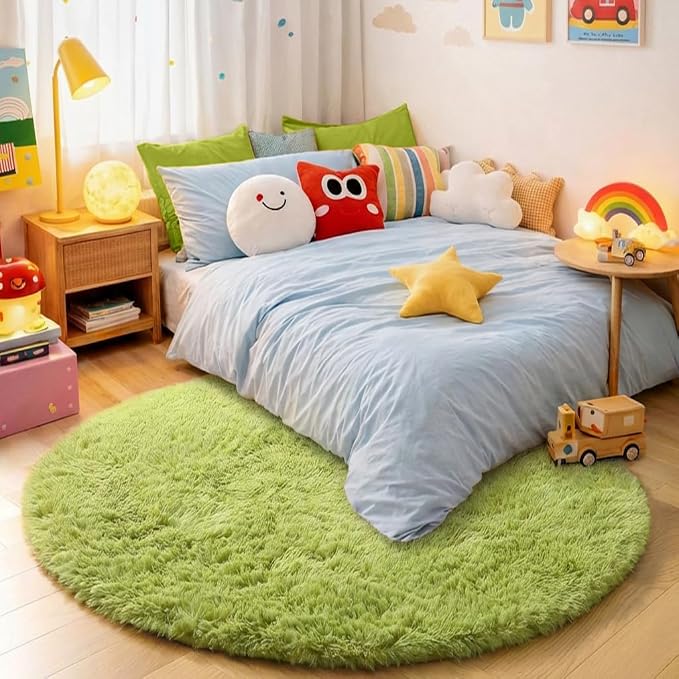 Grass Green Round Rug 4Ft for Bedroom, Fluffy Shag Circle Area Rugs for Kids - Image 3